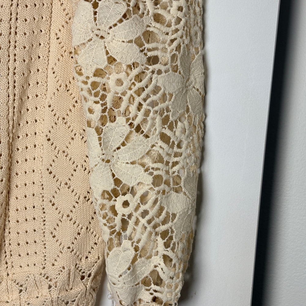 Pointelle Cardigan Women Medium Beige Lace Sleeve Button Front Knit - Picture 3 of 6